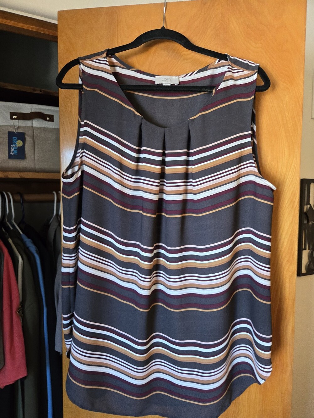 LOFT Striped Pleated Sleeveless Shell Top - Charcoal, Wine, Cream, Tan, White